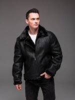 Мужская Теплая Зимняя Черная Дубленка с Мехом на Молнии