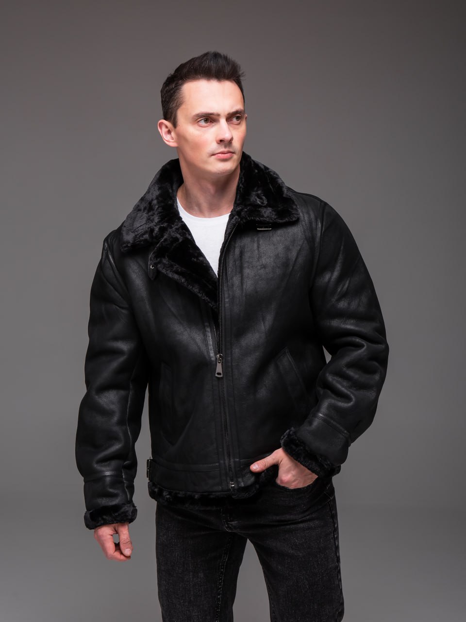 photo_2026-01-09_11-14-08 Мужская Теплая Зимняя Черная Дубленка с Мехом на Молнии