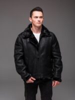 Мужская Теплая Зимняя Черная Дубленка с Мехом на Молнии