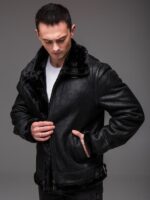 Мужская Теплая Зимняя Черная Дубленка с Мехом на Молнии