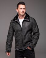 Мужская Теплая Зимняя Графитовая Дубленка с Мехом на Молнии