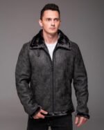 Мужская Теплая Зимняя Графитовая Дубленка с Мехом на Молнии