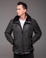 Мужская Теплая Зимняя Графитовая Дубленка с Мехом на Молнии