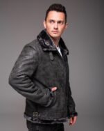 Мужская Теплая Зимняя Графитовая Дубленка с Мехом на Молнии