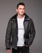 Мужская Теплая Зимняя Графитовая Дубленка с Мехом на Молнии