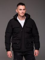 Мужская Теплая Зимняя Черная Куртка с Накладными Карманами