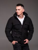 Мужская Теплая Зимняя Черная Куртка с Накладными Карманами