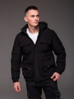 Мужская Теплая Зимняя Черная Куртка с Накладными Карманами
