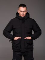 Мужская Теплая Зимняя Черная Куртка с Накладными Карманами