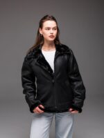 Женская Черная Кожаная Дубленка на Меху