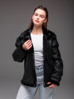 Женская Черная Кожаная Дубленка на Меху