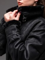 Женская Черная Кожаная Дубленка на Меху