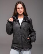 Женская Темно-Серая Кожаная Дубленка на Меху