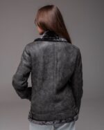 Женская Темно-Серая Кожаная Дубленка на Меху