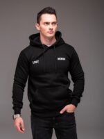 Мужское Базовое Черное Худи Теплое на Флисе с Надписью