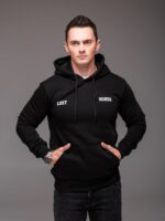 Мужское Базовое Черное Худи Теплое на Флисе с Надписью