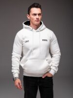 Мужское Базовое Белое Худи Теплое на Флисе с Надписью