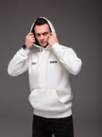 Мужское Базовое Белое Худи Теплое на Флисе с Надписью