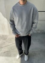 Мужской Базовый Серый Свитшот Оверсайз - Хлопковый Вареный