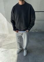 Мужской Базовый Черный Свитшот Оверсайз - Хлопковый Вареный