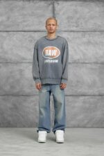 Мужской Оверсайз Свитшот Серый с Принтом - Хлопковый Вареный со Швами Наружу