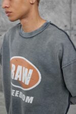 Мужской Оверсайз Свитшот Серый с Принтом - Хлопковый Вареный со Швами Наружу