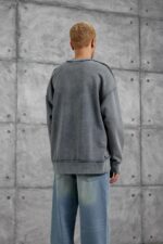 Мужской Оверсайз Свитшот Серый с Принтом - Хлопковый Вареный со Швами Наружу