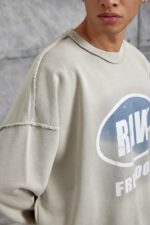 Мужской Оверсайз Свитшот Бежевый с Принтом - Хлопковый Вареный со Швами Наружу