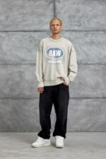 Мужской Оверсайз Свитшот Бежевый с Принтом - Хлопковый Вареный со Швами Наружу