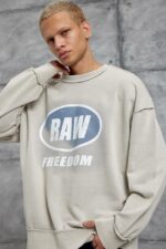 Мужской Оверсайз Свитшот Бежевый с Принтом - Хлопковый Вареный со Швами Наружу