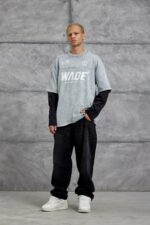 Мужской Серый Вареный Свитшот Оверсайз с Принтом и Двойным Рукавом