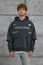 Мужское Вареное Графитовое Худи Оверсайз с Надписями и Двойными Рукавами