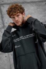 Мужское Вареное Графитовое Худи Оверсайз с Надписями и Двойными Рукавами