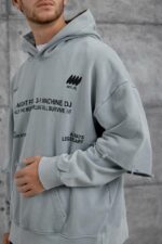 Мужское Вареное Серое Худи Оверсайз с Надписями и Двойными Рукавами