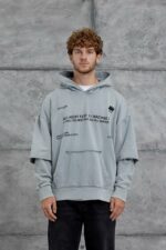 Мужское Вареное Серое Худи Оверсайз с Надписями и Двойными Рукавами