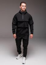 Мужской Теплый Черный Костюм Softshell на Флисе (Анорак + Штаны)