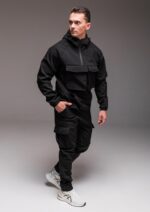 Мужской Теплый Черный Костюм Softshell на Флисе (Анорак + Штаны)