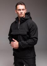 Мужской Теплый Черный Костюм Softshell на Флисе (Анорак + Штаны)