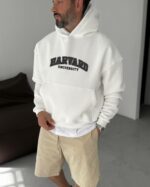 Мужское Белое Худи "Harvard" Оверсайз на Флисе