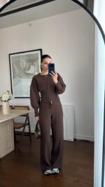 Женский Базовый Трикотажный Коричневый Костюм на Молнии (Кофта + Штаны)