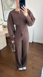 Женский Базовый Трикотажный Коричневый Костюм на Молнии (Кофта + Штаны)