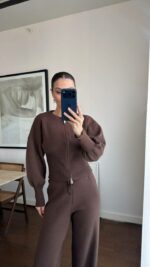 Женский Базовый Трикотажный Коричневый Костюм на Молнии (Кофта + Штаны)