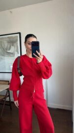 Женский Базовый Трикотажный Красный Костюм на Молнии (Кофта + Штаны)