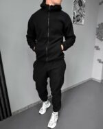 Мужской Теплый Базовый Флисовый Черный Костюм на Молнии (Худи + Штаны)