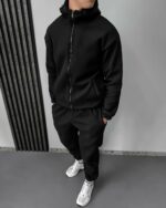 Мужской Теплый Базовый Флисовый Черный Костюм на Молнии (Худи + Штаны)