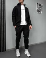 Мужской Теплый Базовый Флисовый Черный Костюм на Молнии (Худи + Штаны)