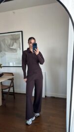 Женский Базовый Трикотажный Коричневый Костюм - Кофта Поло + Свободные Штаны