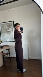 Женский Базовый Трикотажный Коричневый Костюм - Кофта Поло + Свободные Штаны