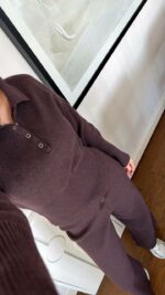 Женский Базовый Трикотажный Коричневый Костюм - Кофта Поло + Свободные Штаны