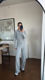 Женский Базовый Трикотажный Серый Костюм - Кофта Поло + Свободные Штаны